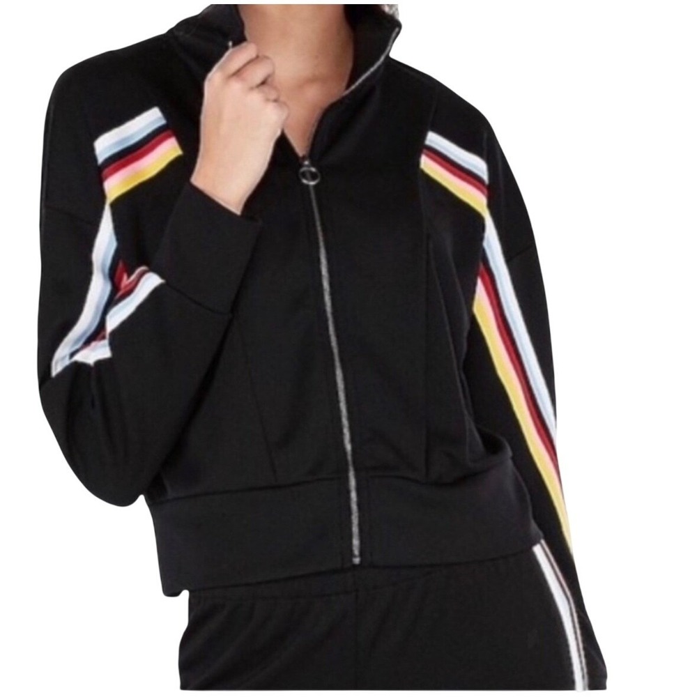 Express One Eleven Women's XL Track Jacket Retro Black Rainbow Stripe Zip‎